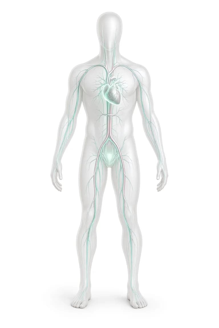 Ilustração de um corpo translúcido com o coração, a aorta e as artérias que descem até a pelve.